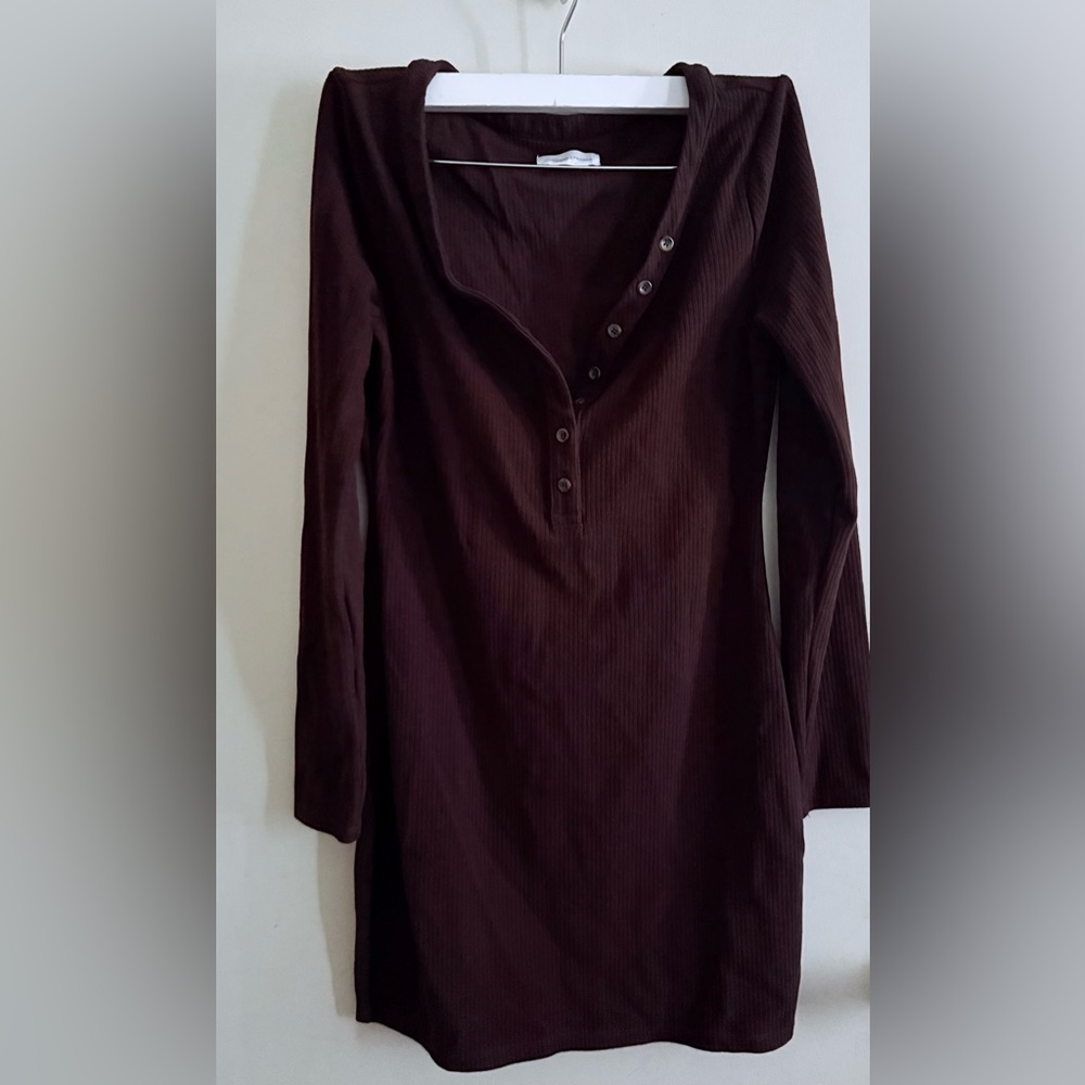 Lovers + Friends Long Sleeve Ribbed Henley Dress in Deep Burgundy